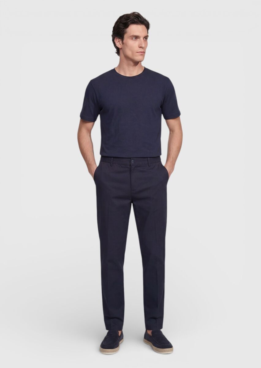 Navy Blue Weaving Jogging Fit Casual Cotton Blended Trousers - 1