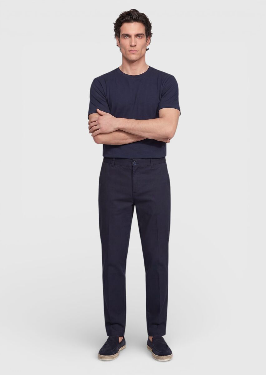 Navy Blue Weaving Jogging Fit Casual Cotton Blended Trousers - 3