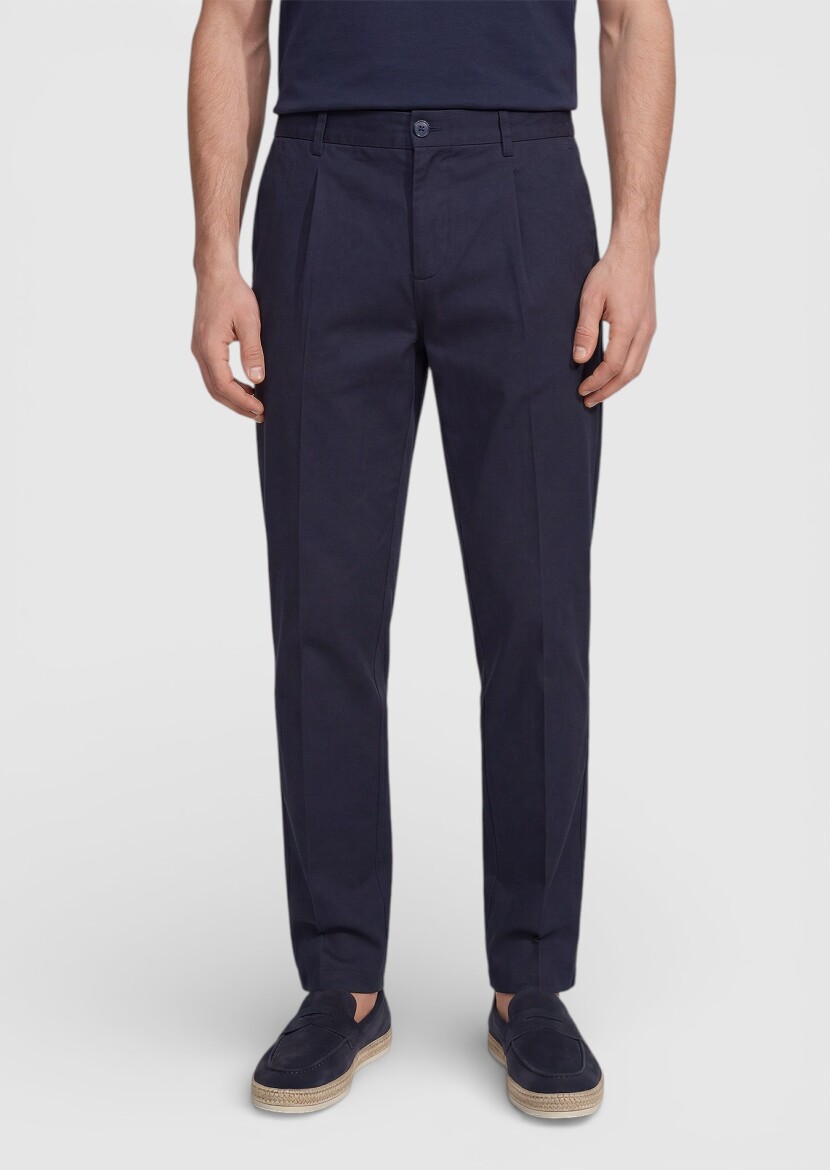 Navy Blue Weaving Jogging Fit Casual Cotton Blended Trousers - RAMSEY