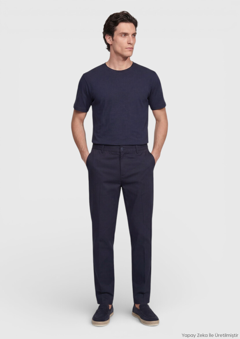 Navy Blue Weaving Jogging Fit Casual Cotton Blended Trousers 