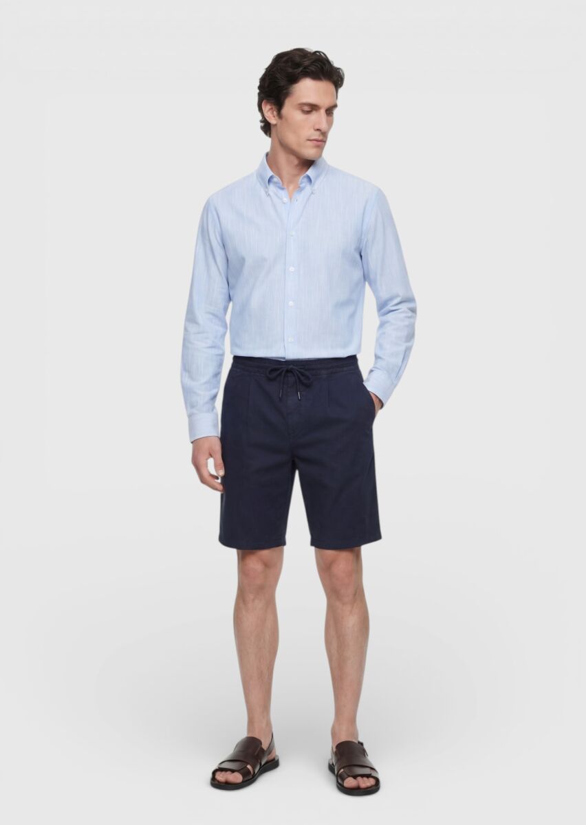 Navy Blue Weaving Jogging Fit Casual Linen Blended Bermuda - 1