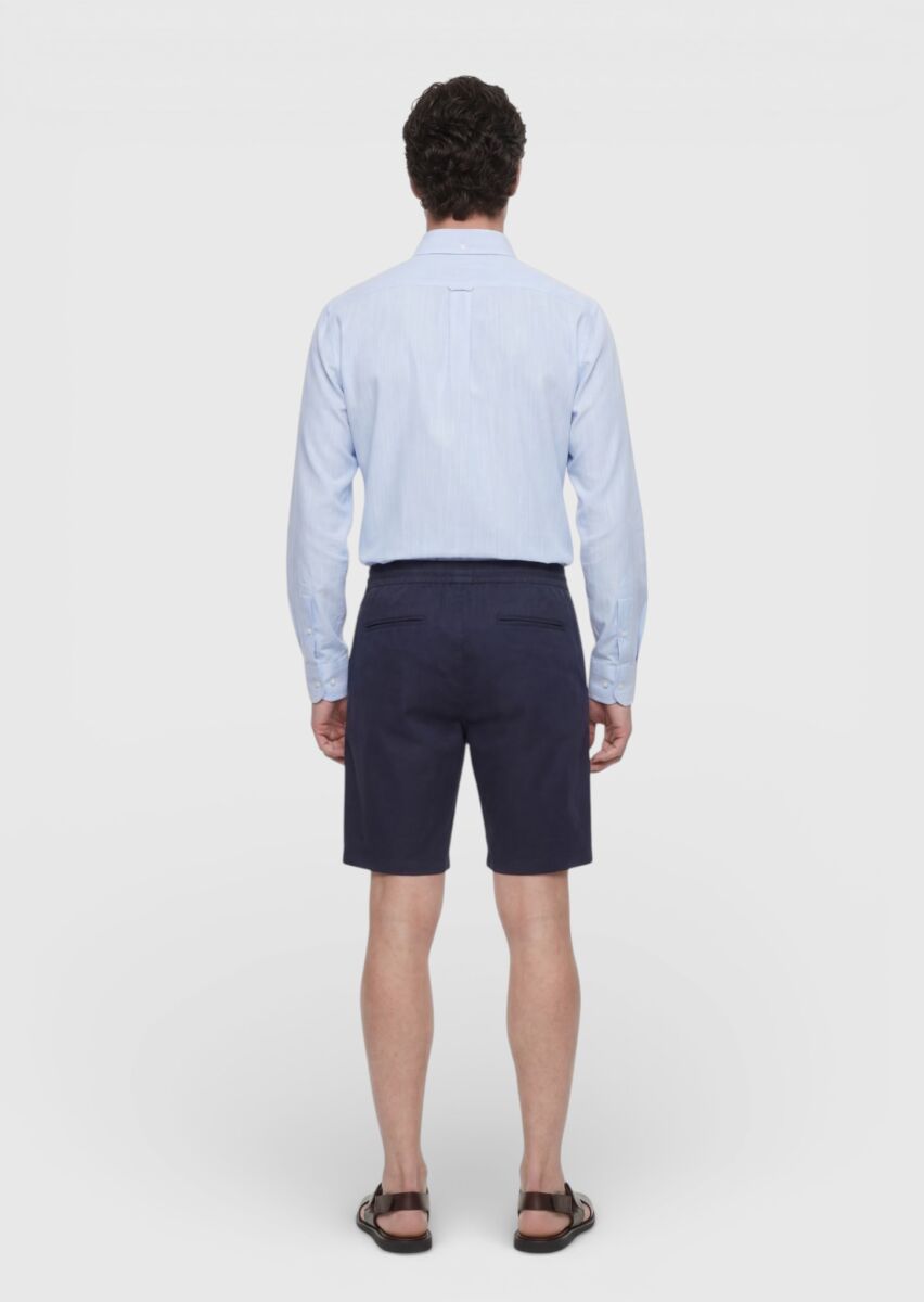 Navy Blue Weaving Jogging Fit Casual Linen Blended Bermuda - 4