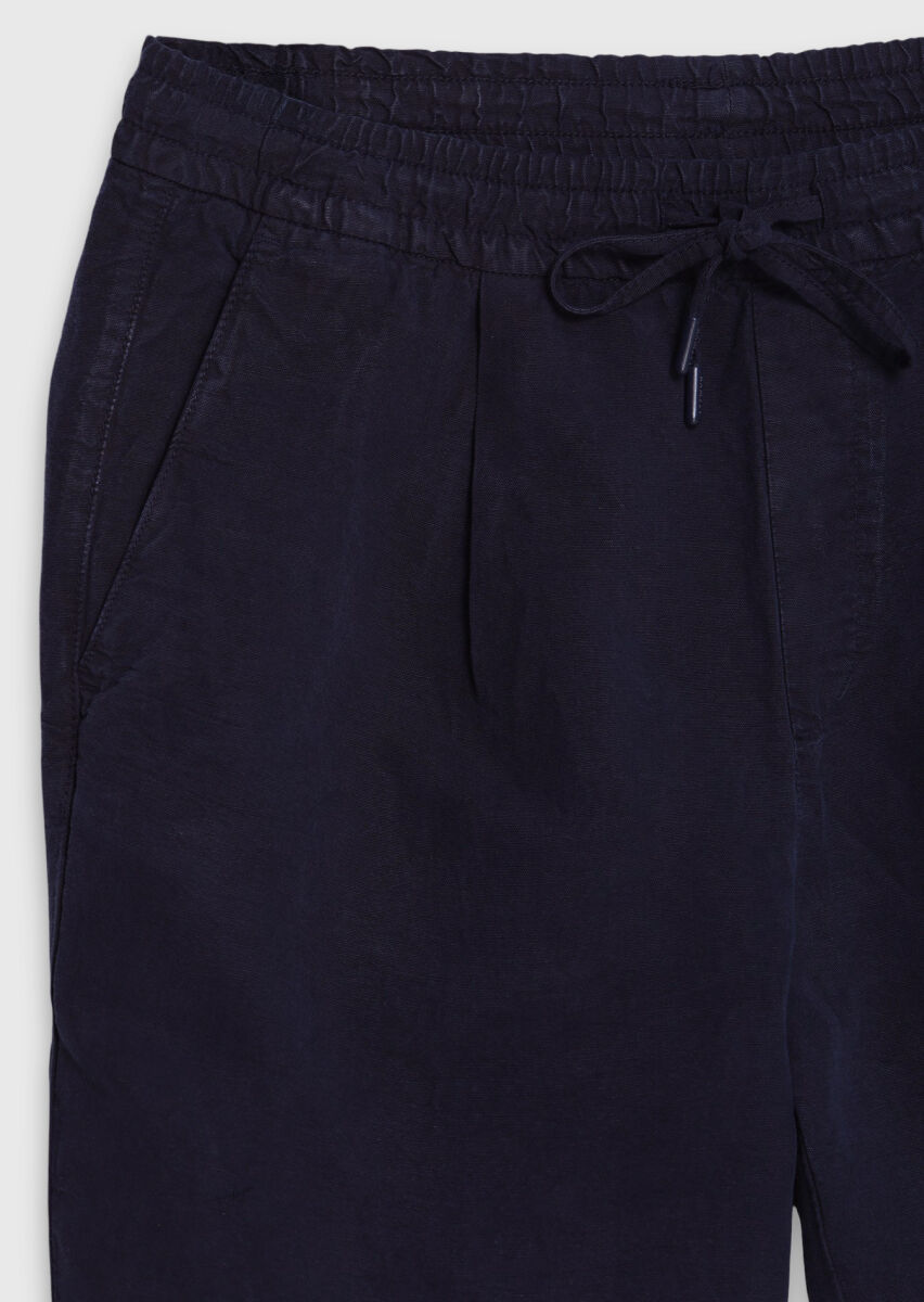 Navy Blue Weaving Jogging Fit Casual Linen Blended Bermuda - 6