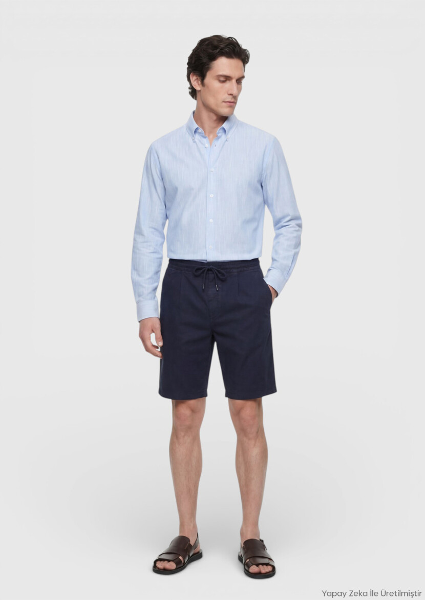 Navy Blue Weaving Jogging Fit Casual Linen Blended Bermuda - RAMSEY