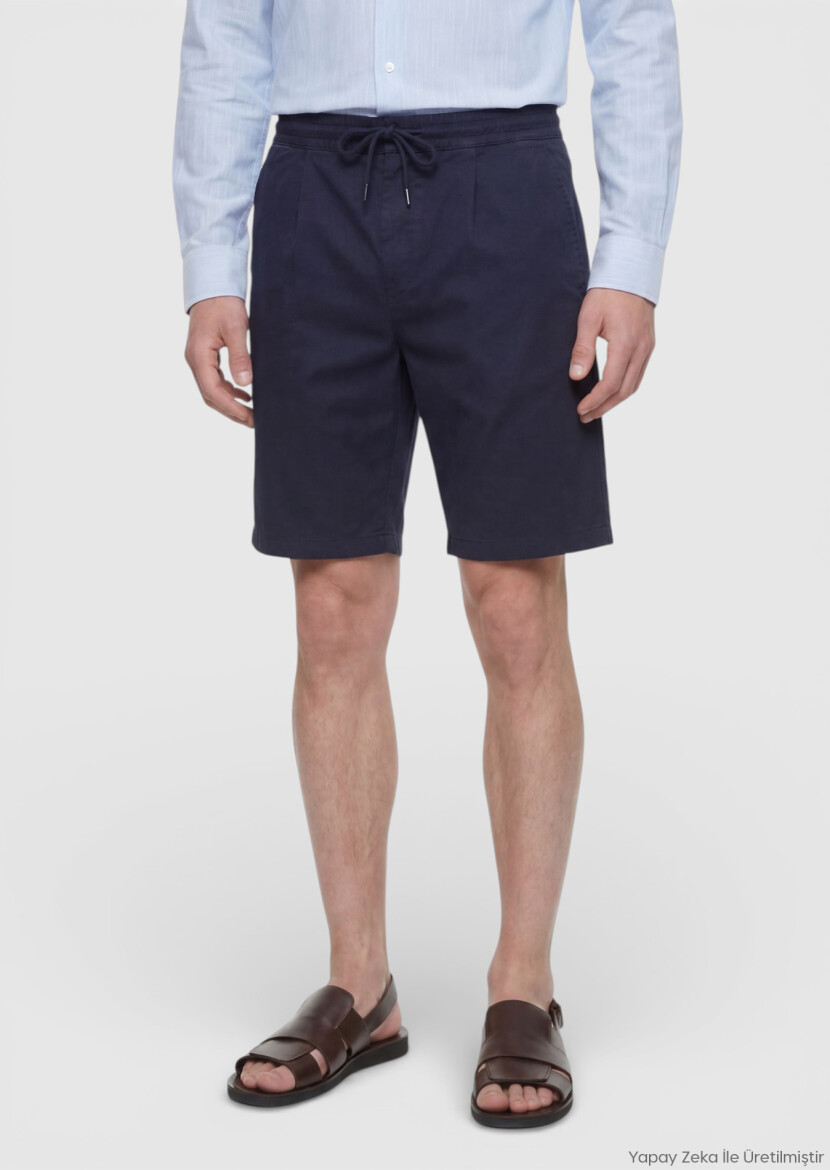 Navy Blue Weaving Jogging Fit Casual Linen Blended Bermuda - RAMSEY