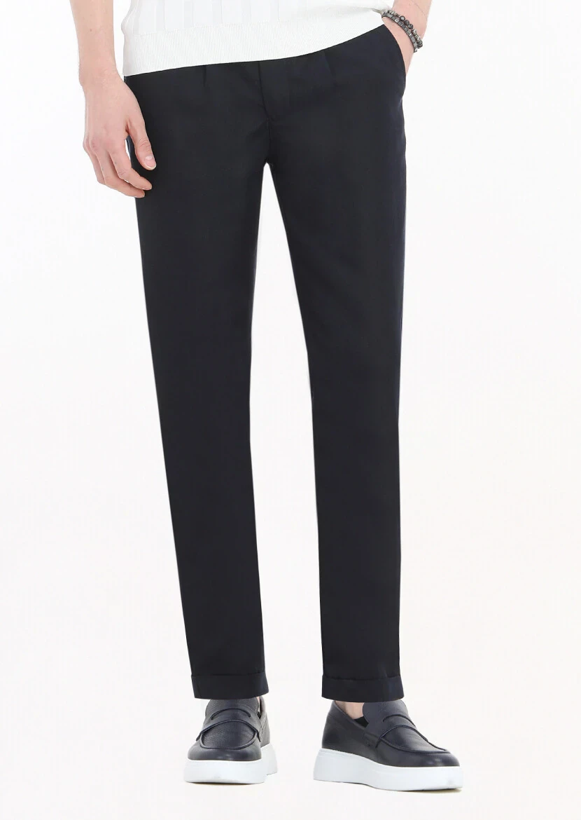 Navy Blue Weaving Jogging Fit Casual Linen Blended Trousers - 2
