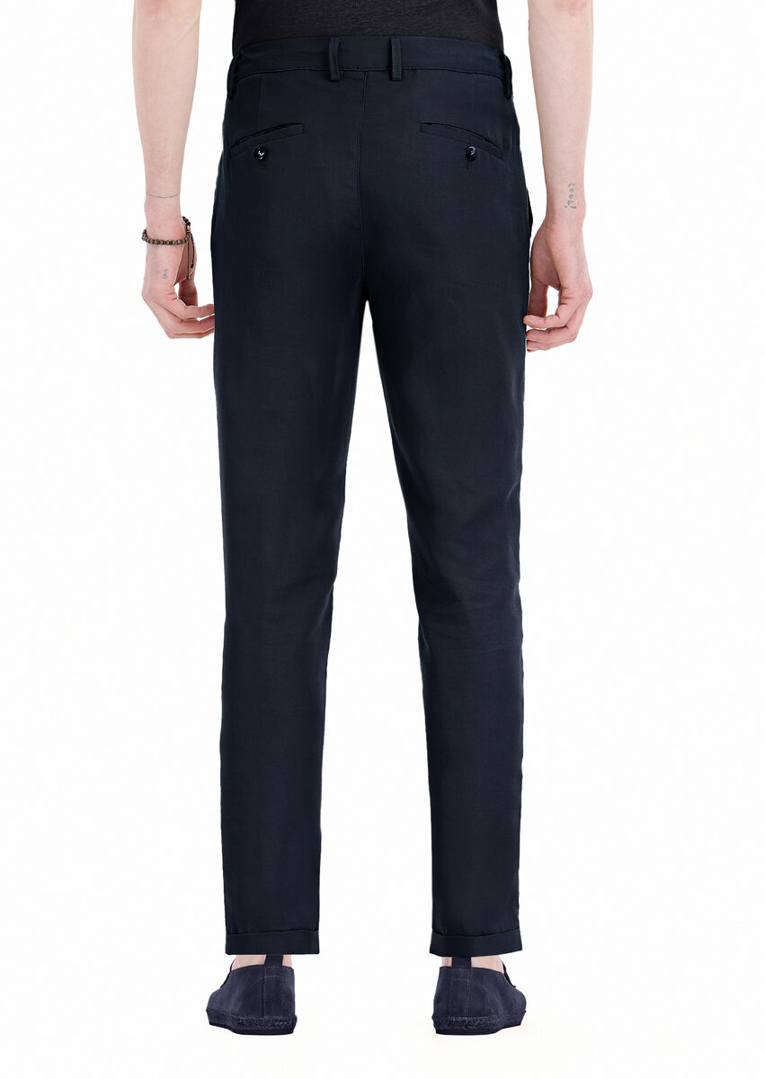 Navy Blue Weaving Jogging Fit Casual Linen Blended Trousers - 4