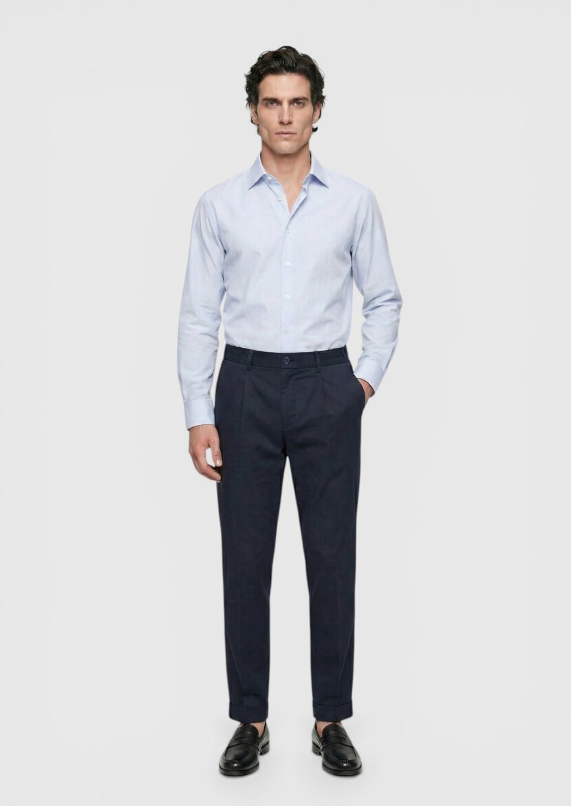 Navy Blue Weaving Jogging Fit Casual Silk Blended Trousers - RAMSEY