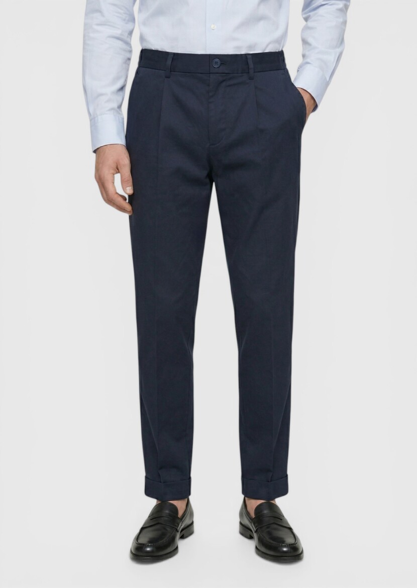 Navy Blue Weaving Jogging Fit Casual Silk Blended Trousers - RAMSEY