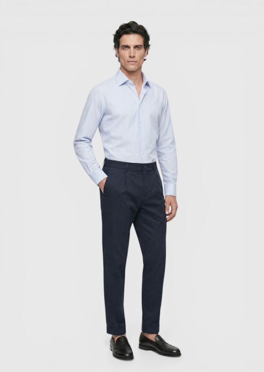 Navy Blue Weaving Jogging Fit Casual Silk Blended Trousers - 3