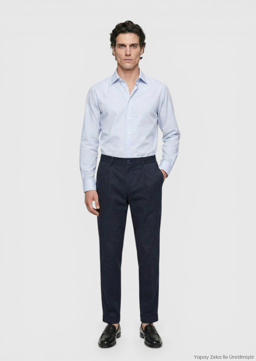 Navy Blue Weaving Jogging Fit Casual Silk Blended Trousers 