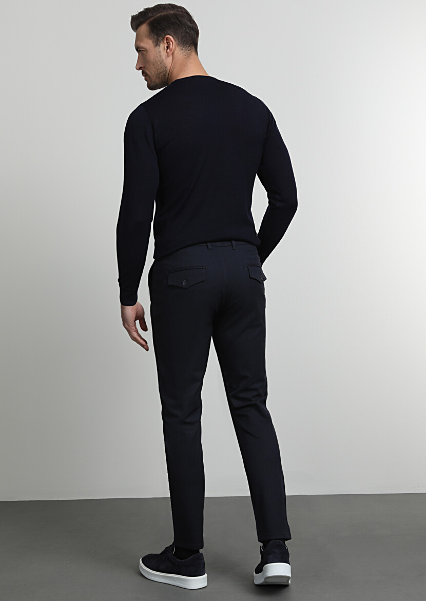 Navy Blue Weaving Jogging Fit Casual Trousers - 4