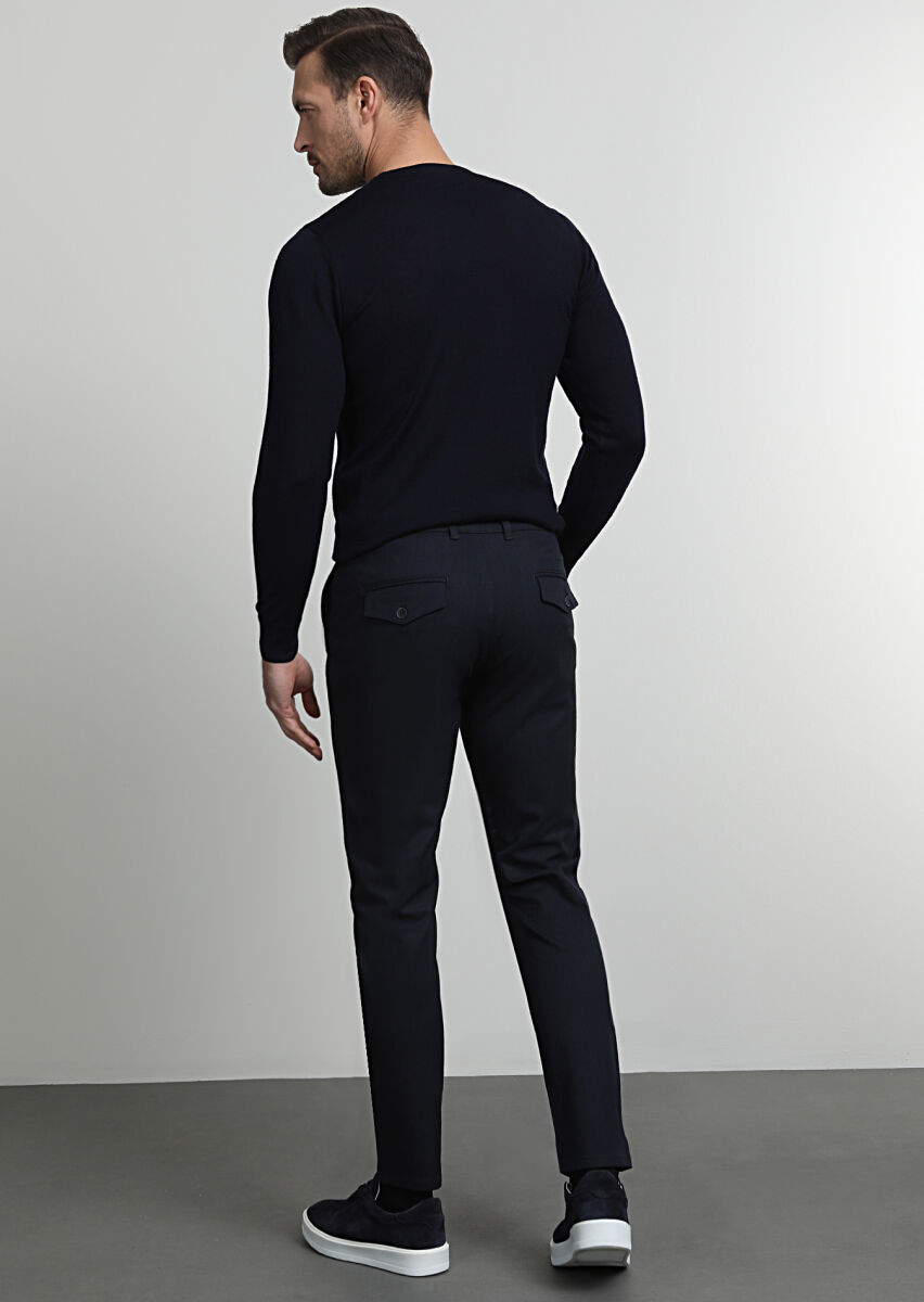 Navy Blue Weaving Jogging Fit Casual Trousers - 4