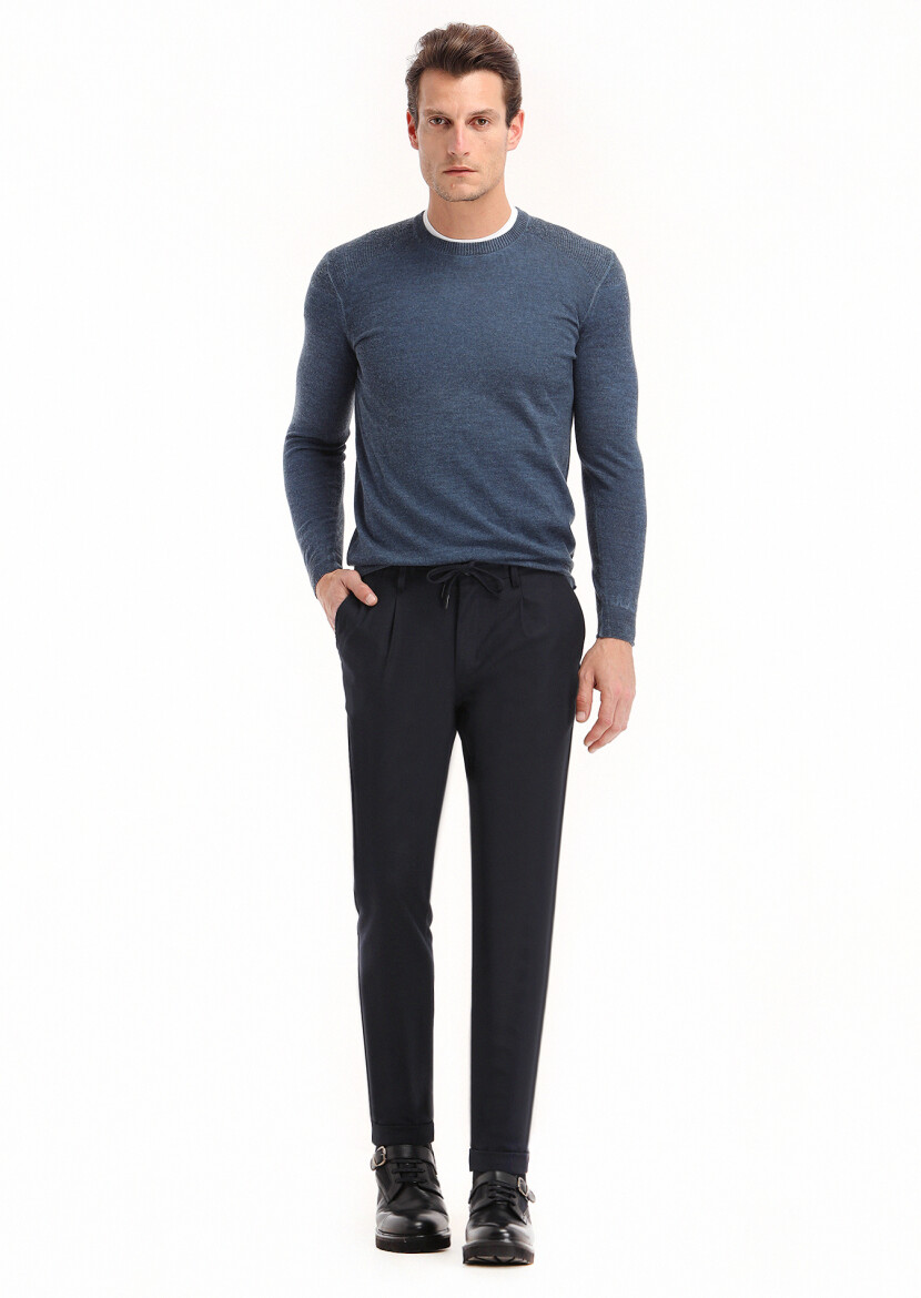 Navy Blue Weaving Jogging Fit Casual Trousers - 1