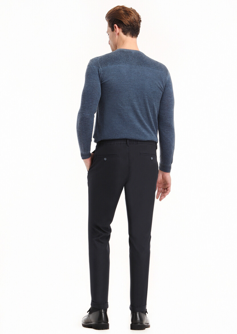Navy Blue Weaving Jogging Fit Casual Trousers - 4