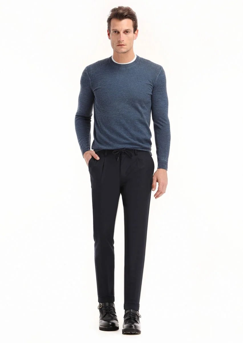 Navy Blue Weaving Jogging Fit Casual Trousers - 1