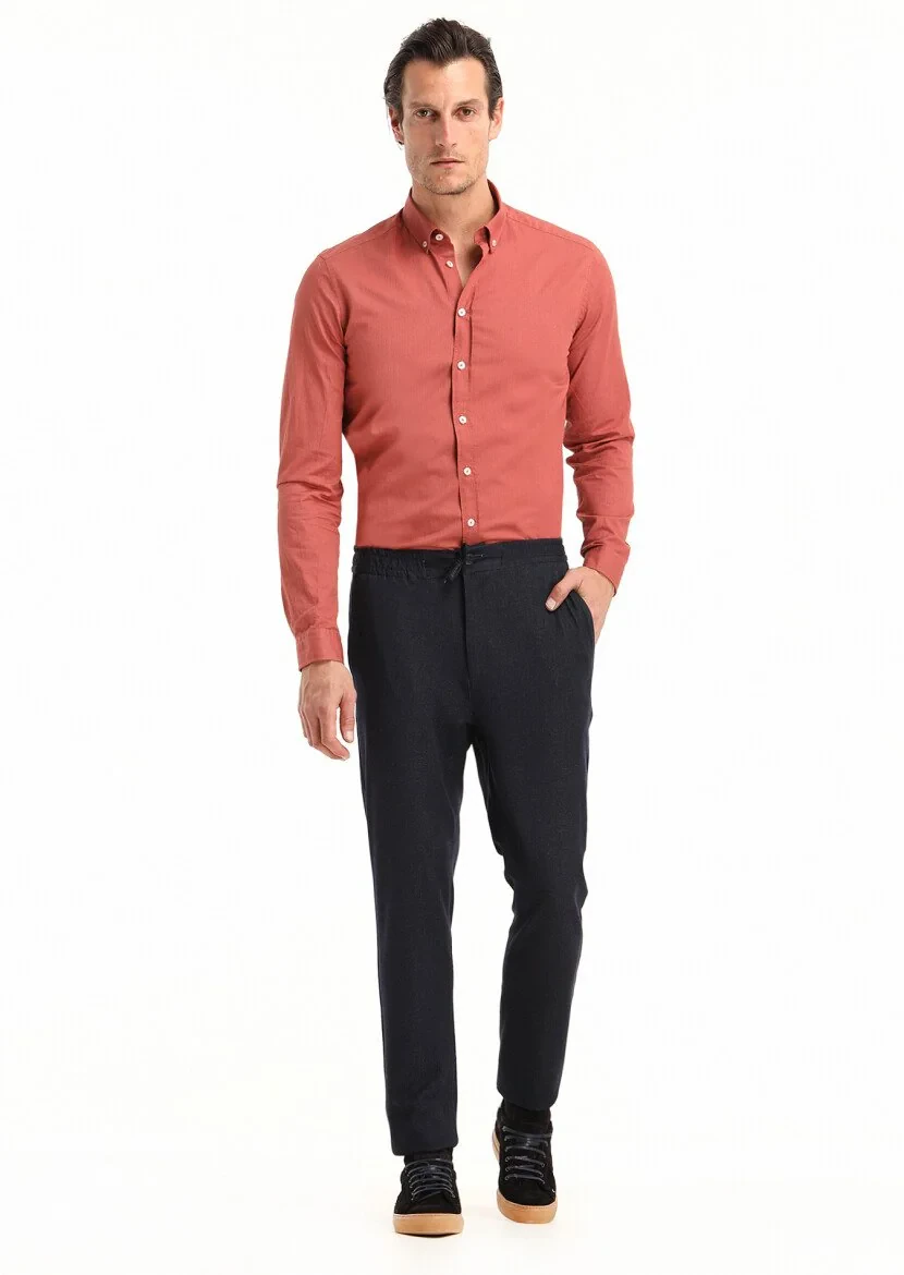 Navy Blue Weaving Jogging Fit Casual Trousers - 2