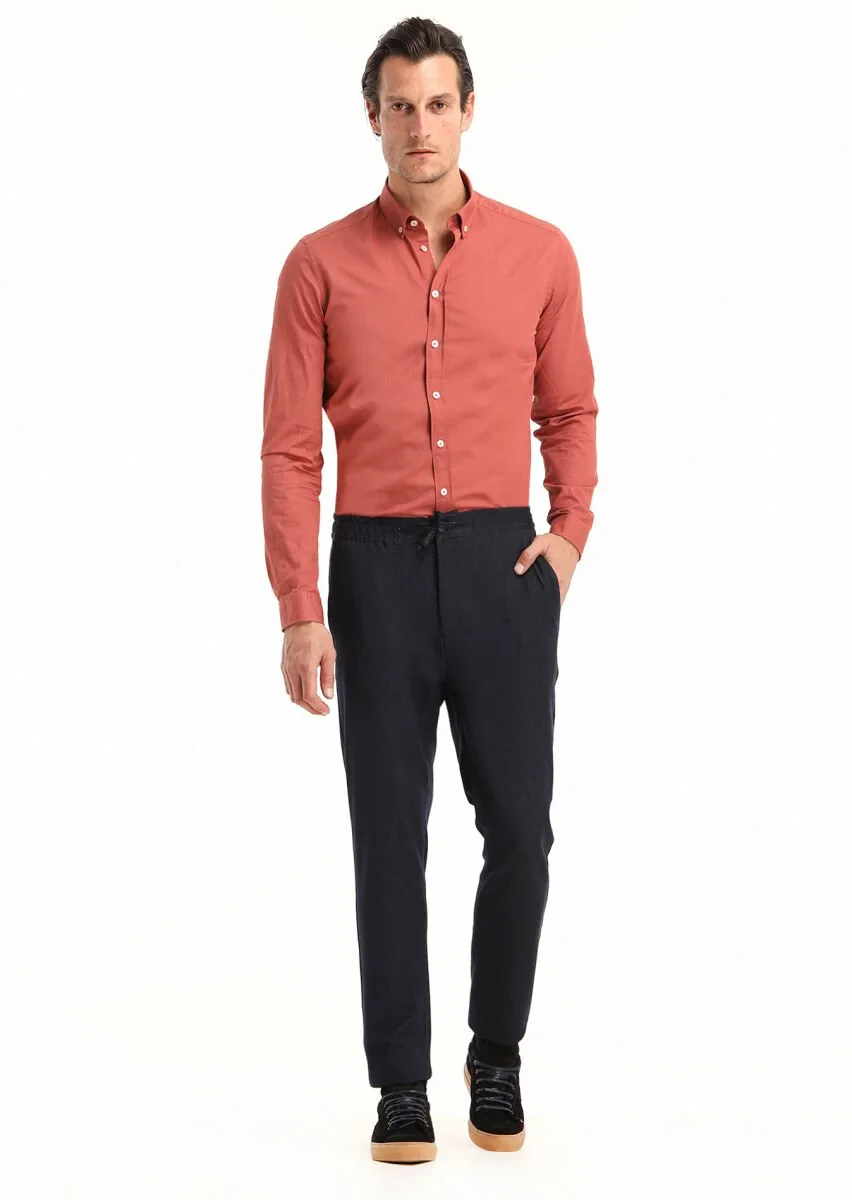 Navy Blue Weaving Jogging Fit Casual Trousers - 2