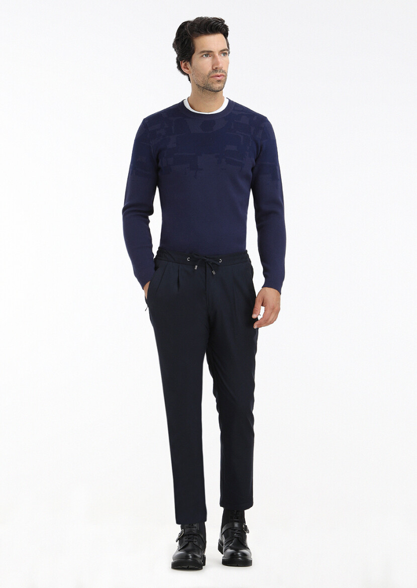 Navy Blue Weaving Jogging Fit Casual Trousers - 1