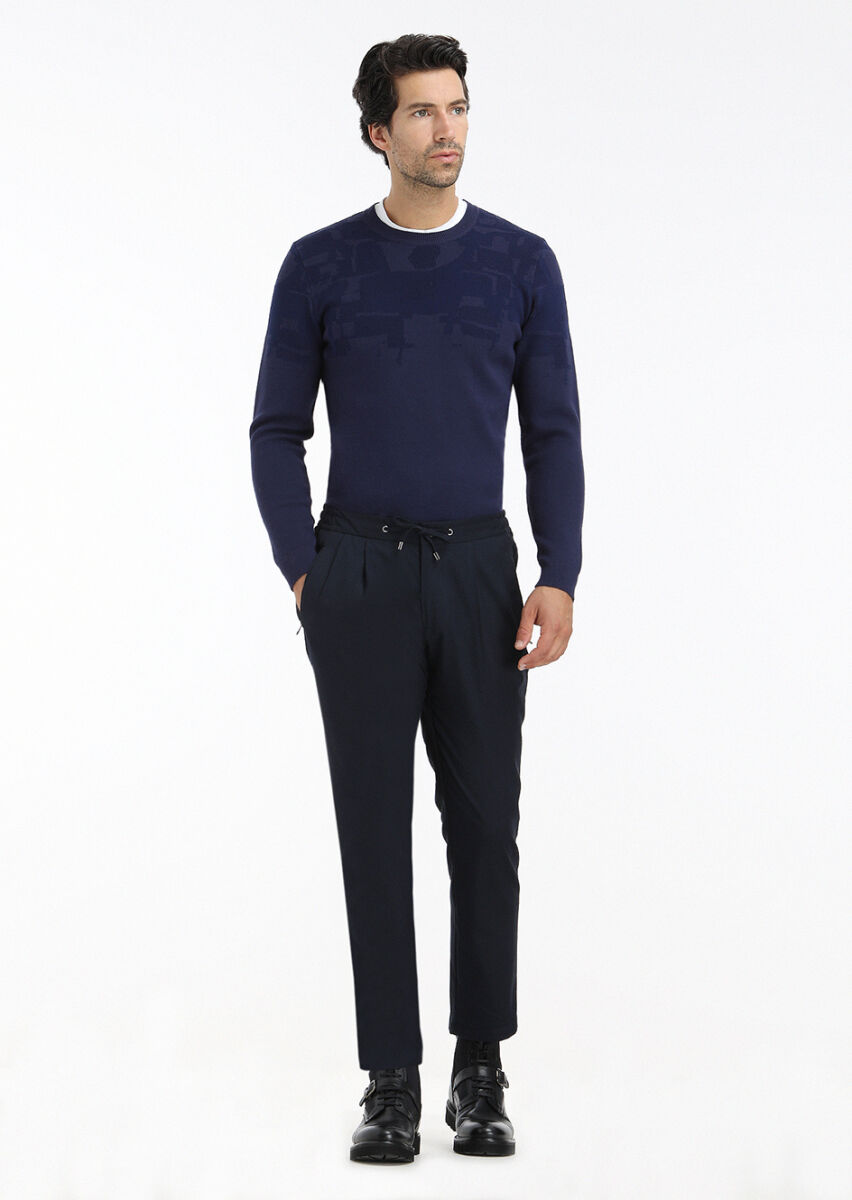Navy Blue Weaving Jogging Fit Casual Trousers - 1