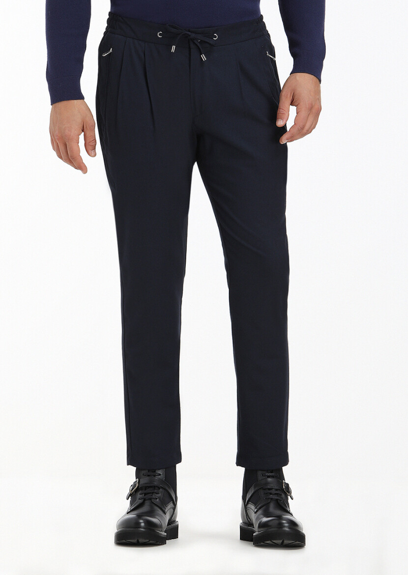 Navy Blue Weaving Jogging Fit Casual Trousers - 2