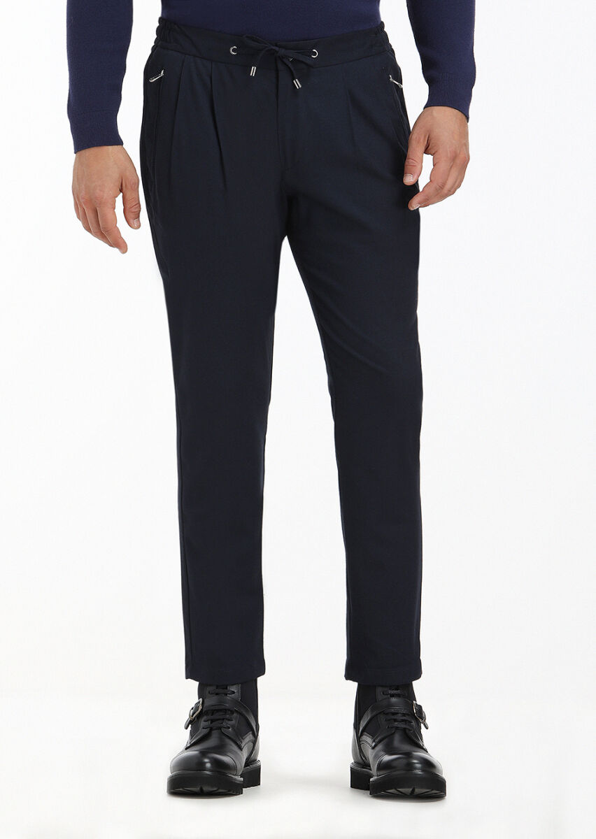 Navy Blue Weaving Jogging Fit Casual Trousers - 2