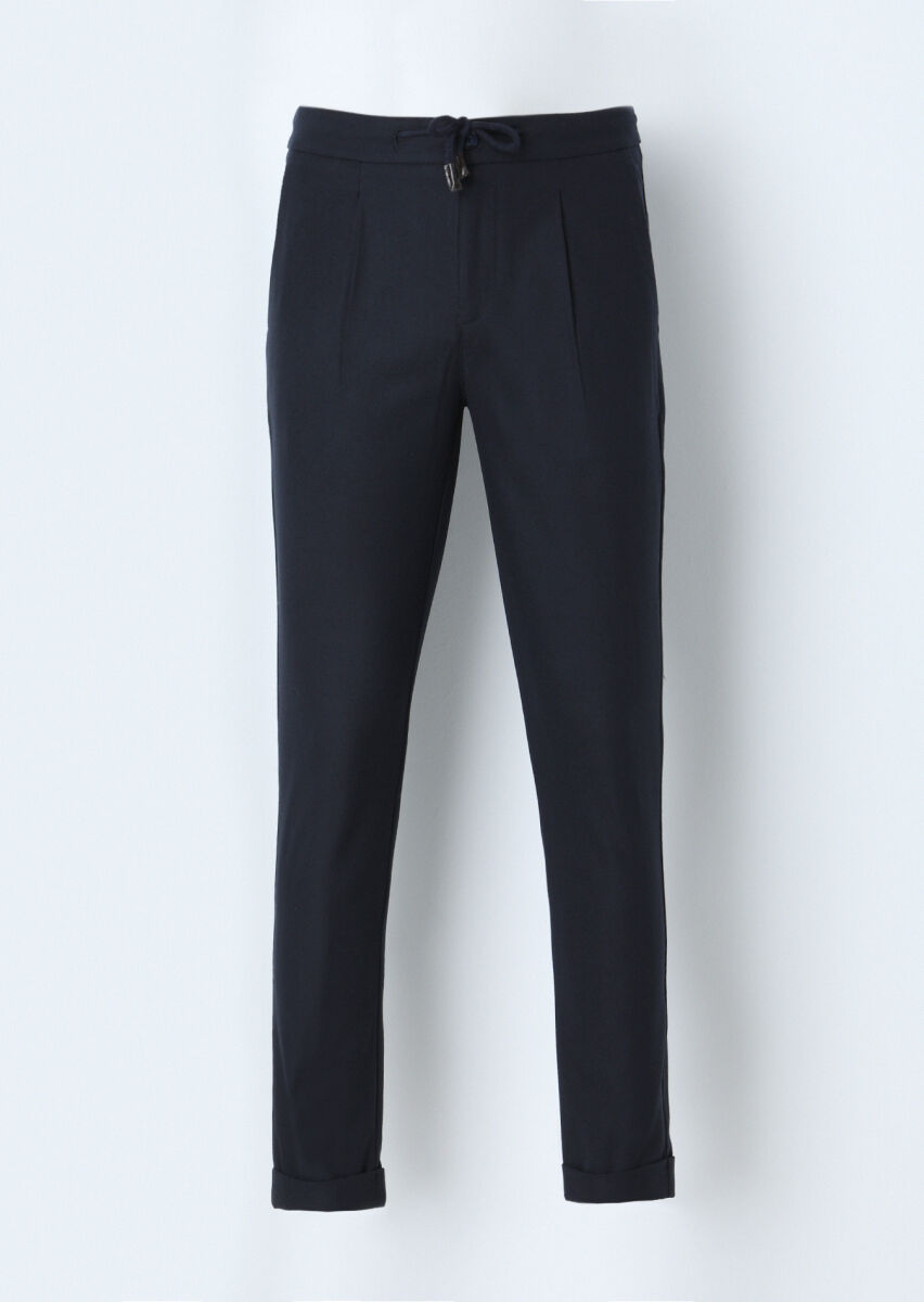 Navy Blue Weaving Jogging Fit Casual Trousers - 1