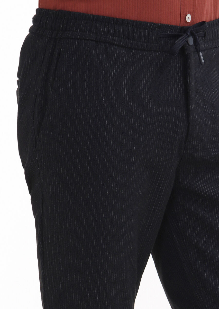 Navy Blue Weaving Jogging Fit Casual Trousers - 3