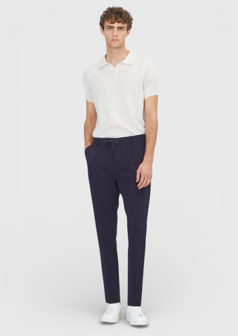 Navy Blue Weaving Jogging Fit Casual Trousers - RAMSEY