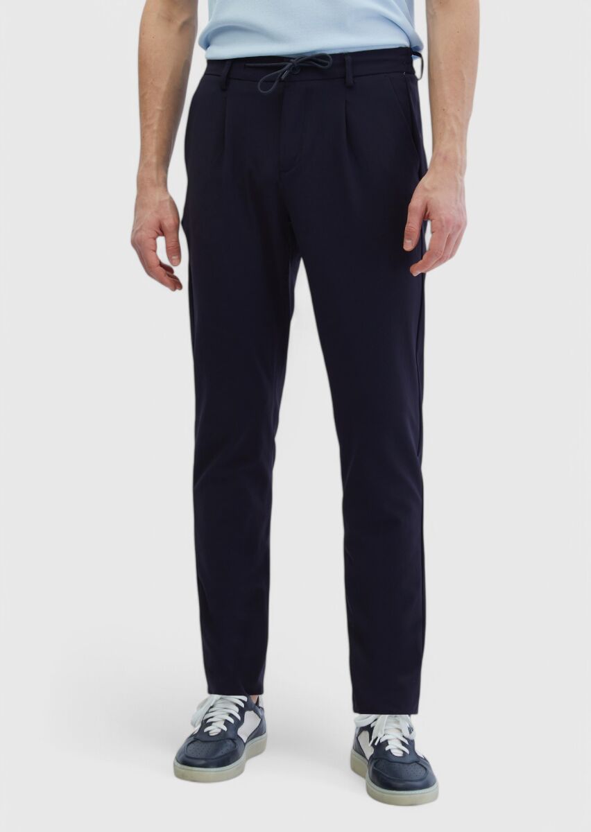 Navy Blue Weaving Jogging Fit Casual Trousers - 2