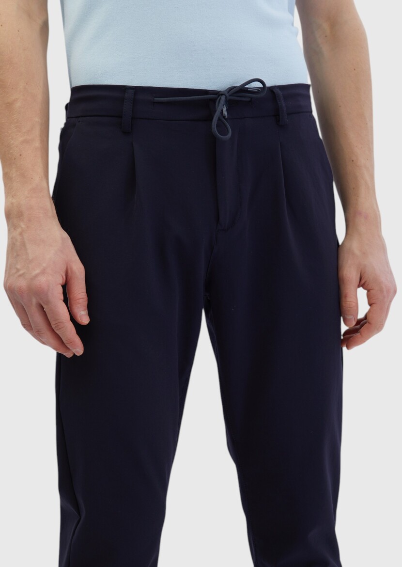 Navy Blue Weaving Jogging Fit Casual Trousers - 3