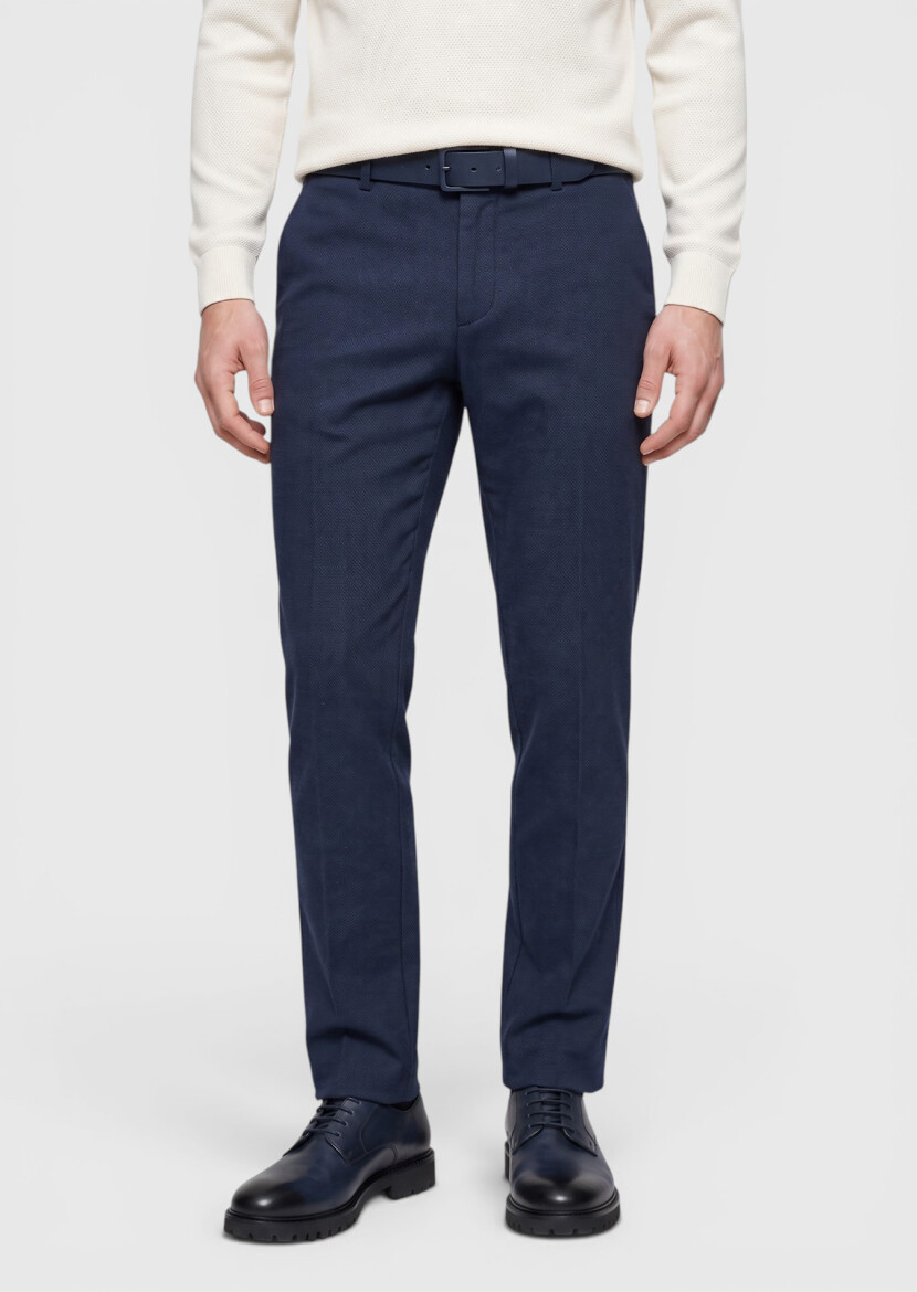 Navy Blue Weaving Modern Fit Casual Trousers - RAMSEY