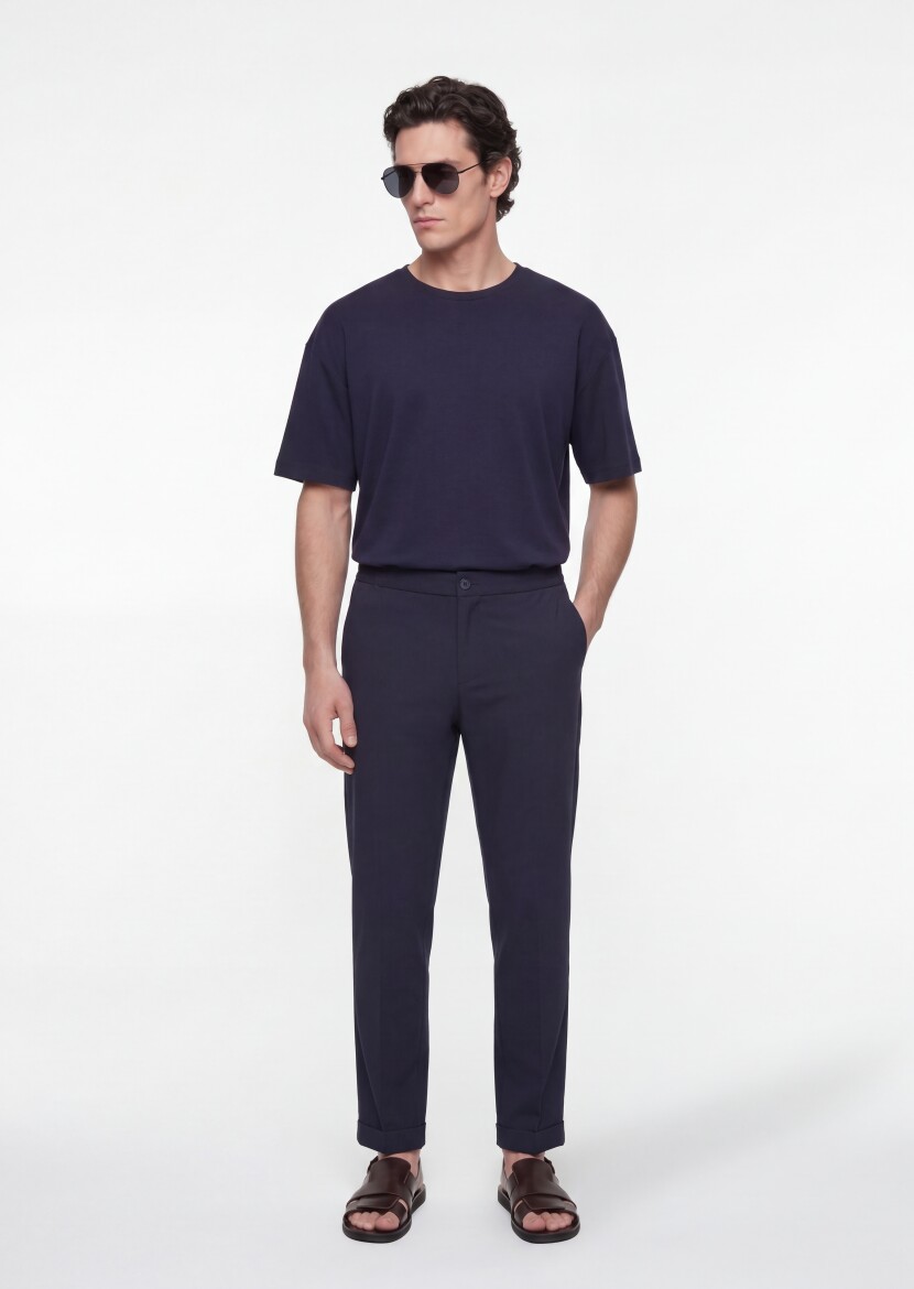 Navy Blue Weaving Jogging Fit Casual Trousers - RAMSEY