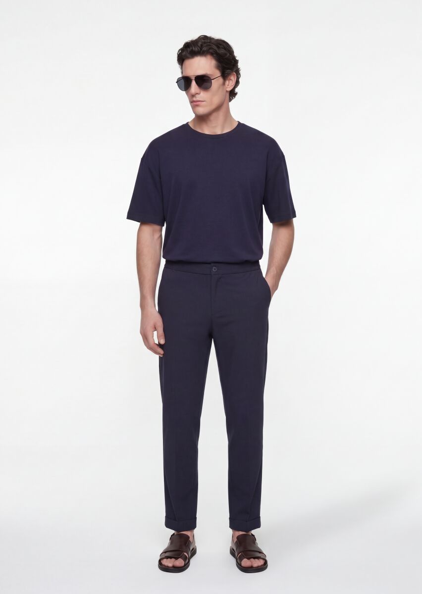 Navy Blue Weaving Jogging Fit Casual Trousers - 1