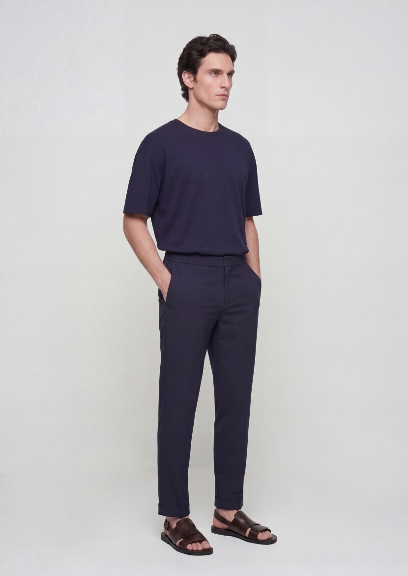 Navy Blue Weaving Jogging Fit Casual Trousers - 3