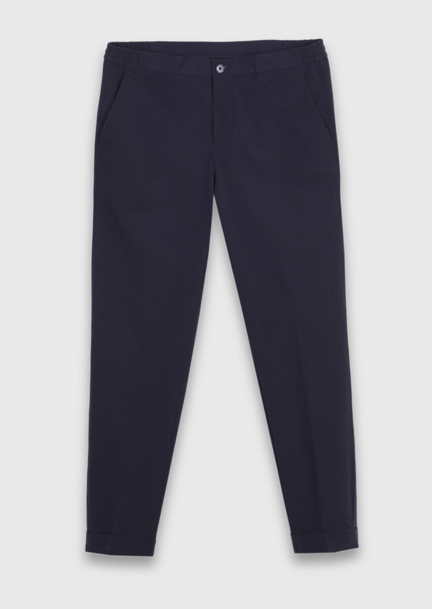 Navy Blue Weaving Jogging Fit Casual Trousers - 5