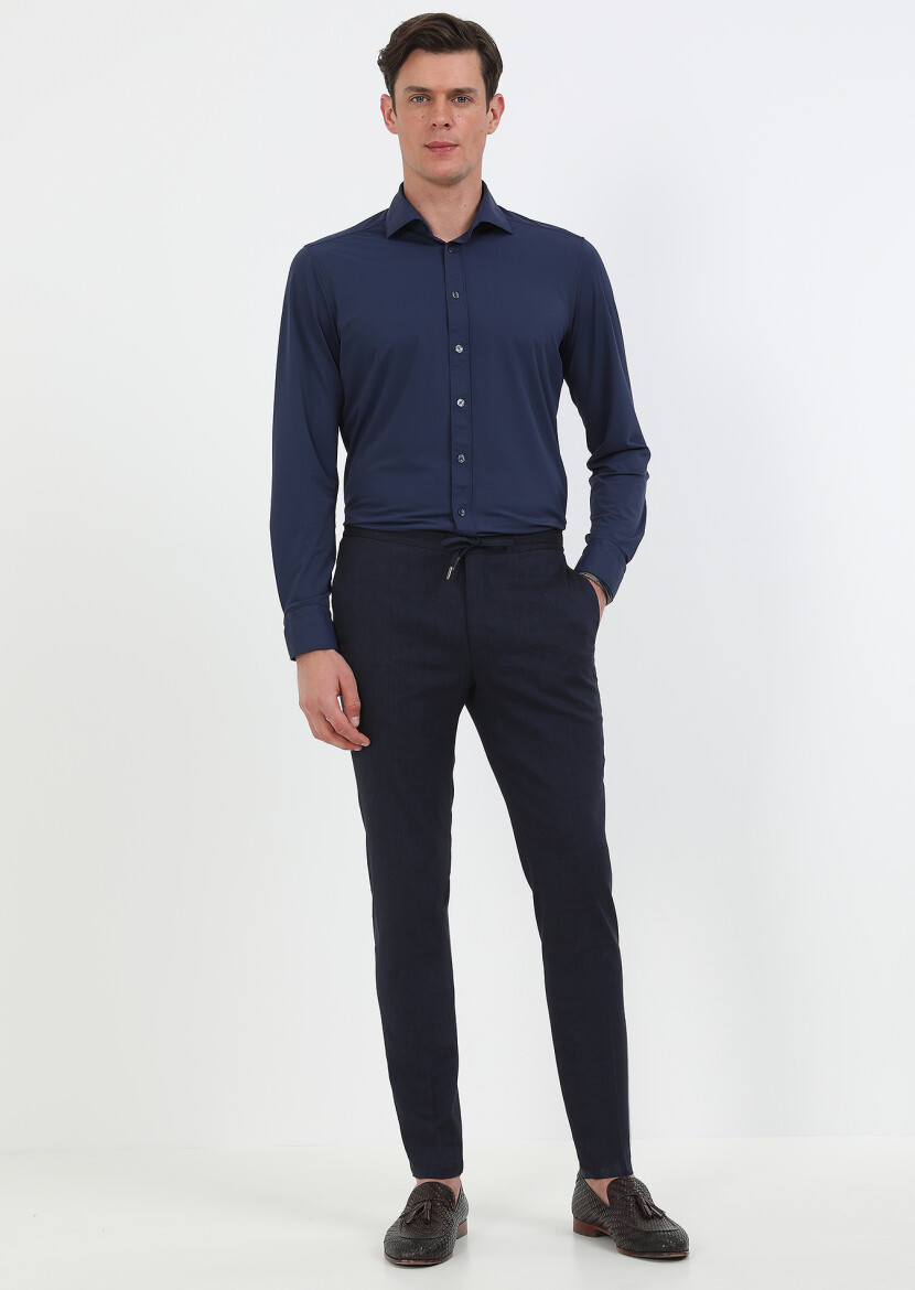 Navy Blue Weaving Jogging Fit Sport Wool Blended Trousers - 2