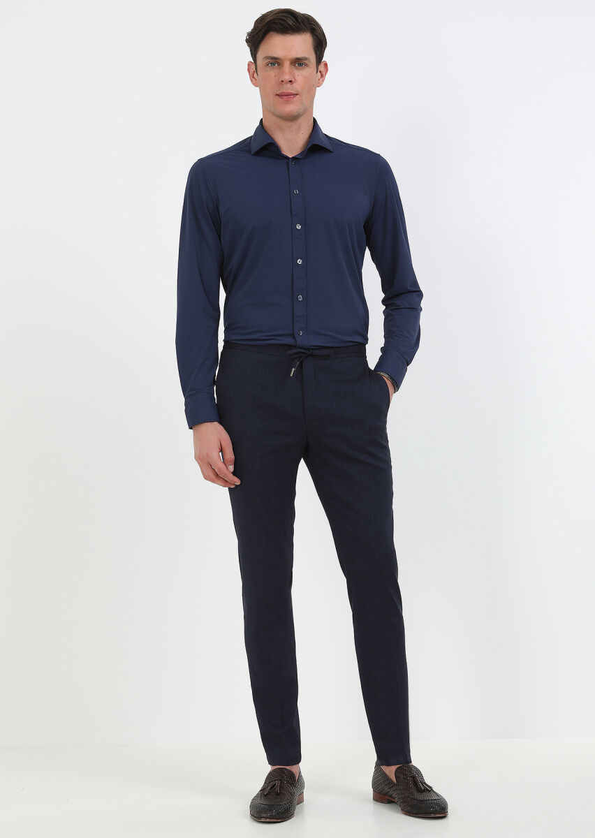 Navy Blue Weaving Jogging Fit Sport Wool Blended Trousers - 2