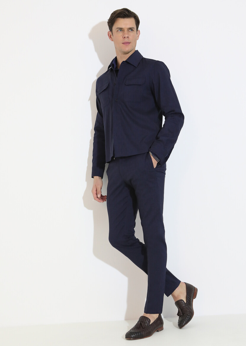 Navy Blue Weaving Jogging Fit Sport Wool Blended Trousers - 4