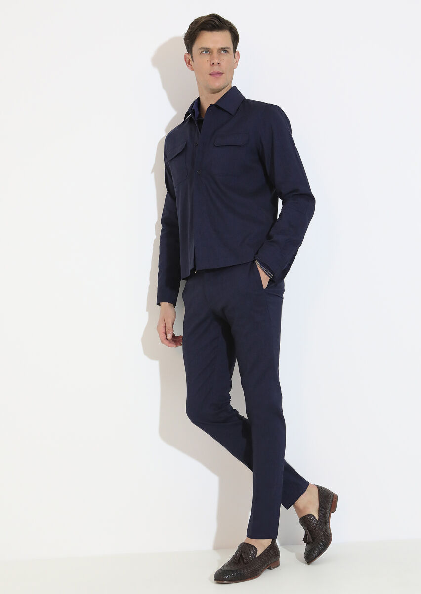 Navy Blue Weaving Jogging Fit Sport Wool Blended Trousers - 4