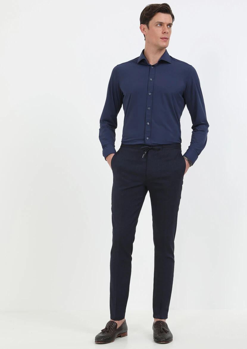 Navy Blue Weaving Jogging Fit Sport Wool Blended Trousers - 1