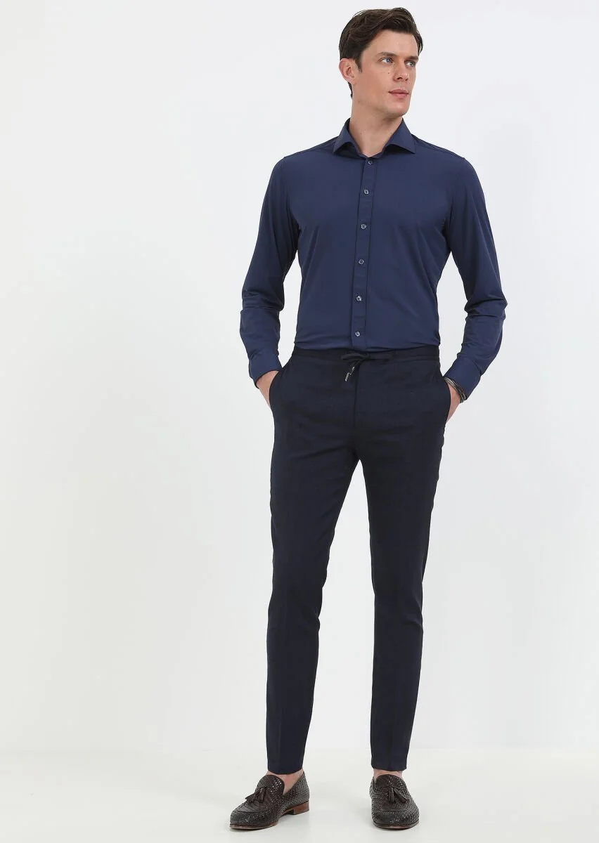 Navy Blue Weaving Jogging Fit Sport Wool Blended Trousers - 1