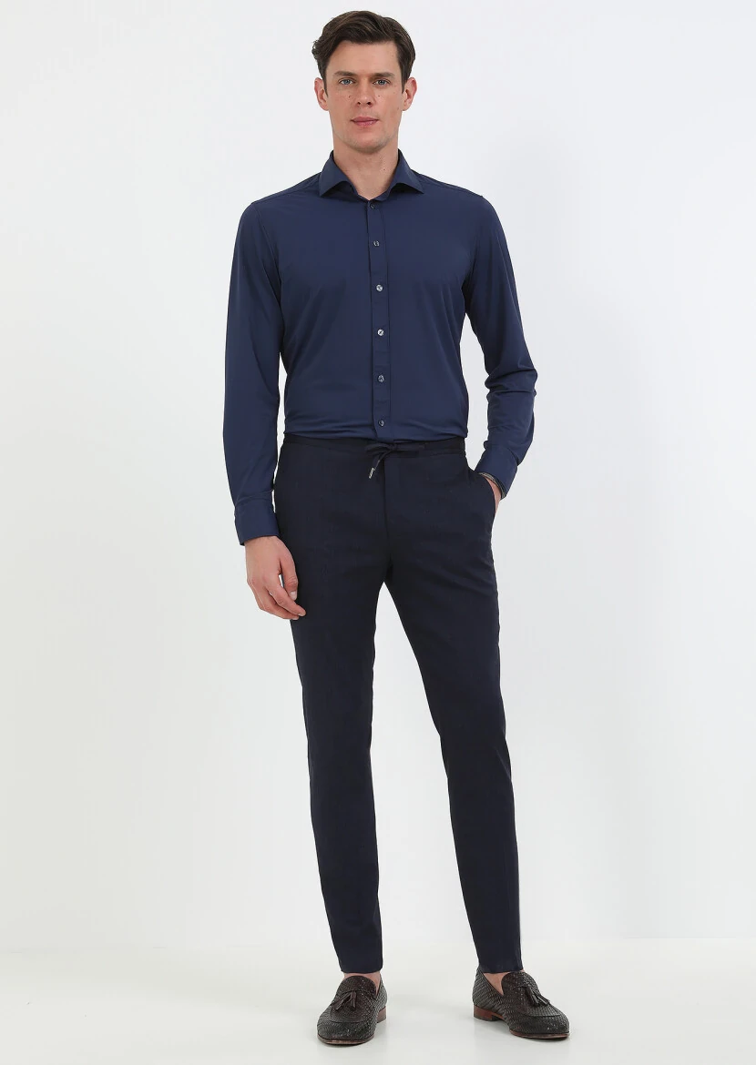 Navy Blue Weaving Jogging Fit Sport Wool Blended Trousers - 2
