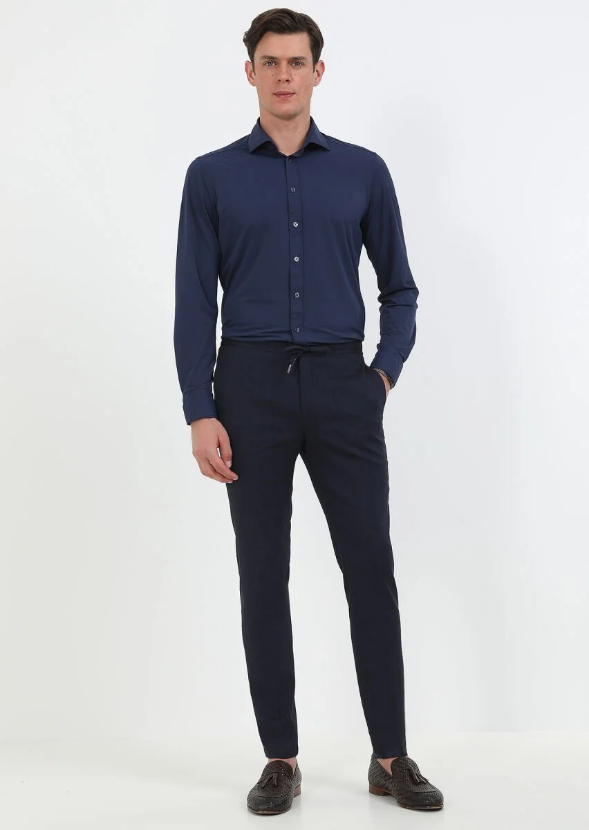 Navy Blue Weaving Jogging Fit Sport Wool Blended Trousers - 2