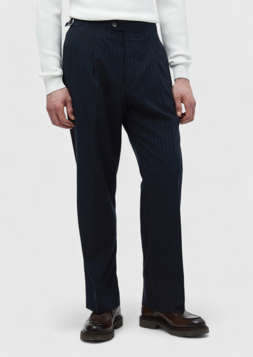 Navy Blue Weaving Loose Fit Casual Trousers - RAMSEY