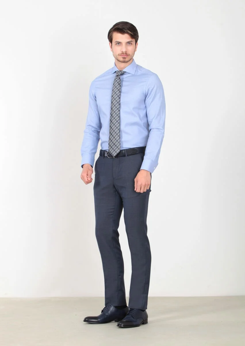 Navy Blue Weaving Modern Fit Classical 100% Wool Trousers - 1