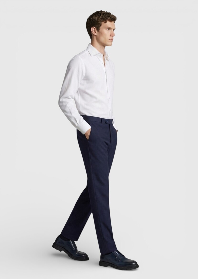 Navy Blue Weaving Modern Fit Classical 100% Wool Trousers - RAMSEY