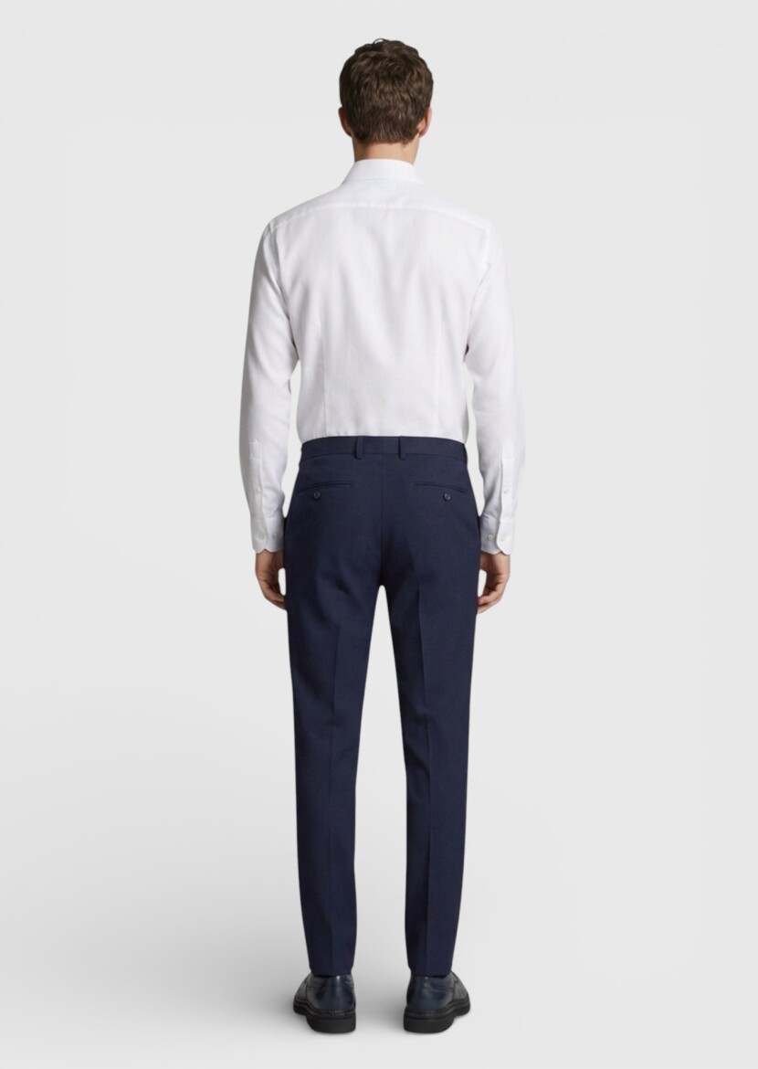 Navy Blue Weaving Modern Fit Classical 100% Wool Trousers - 4