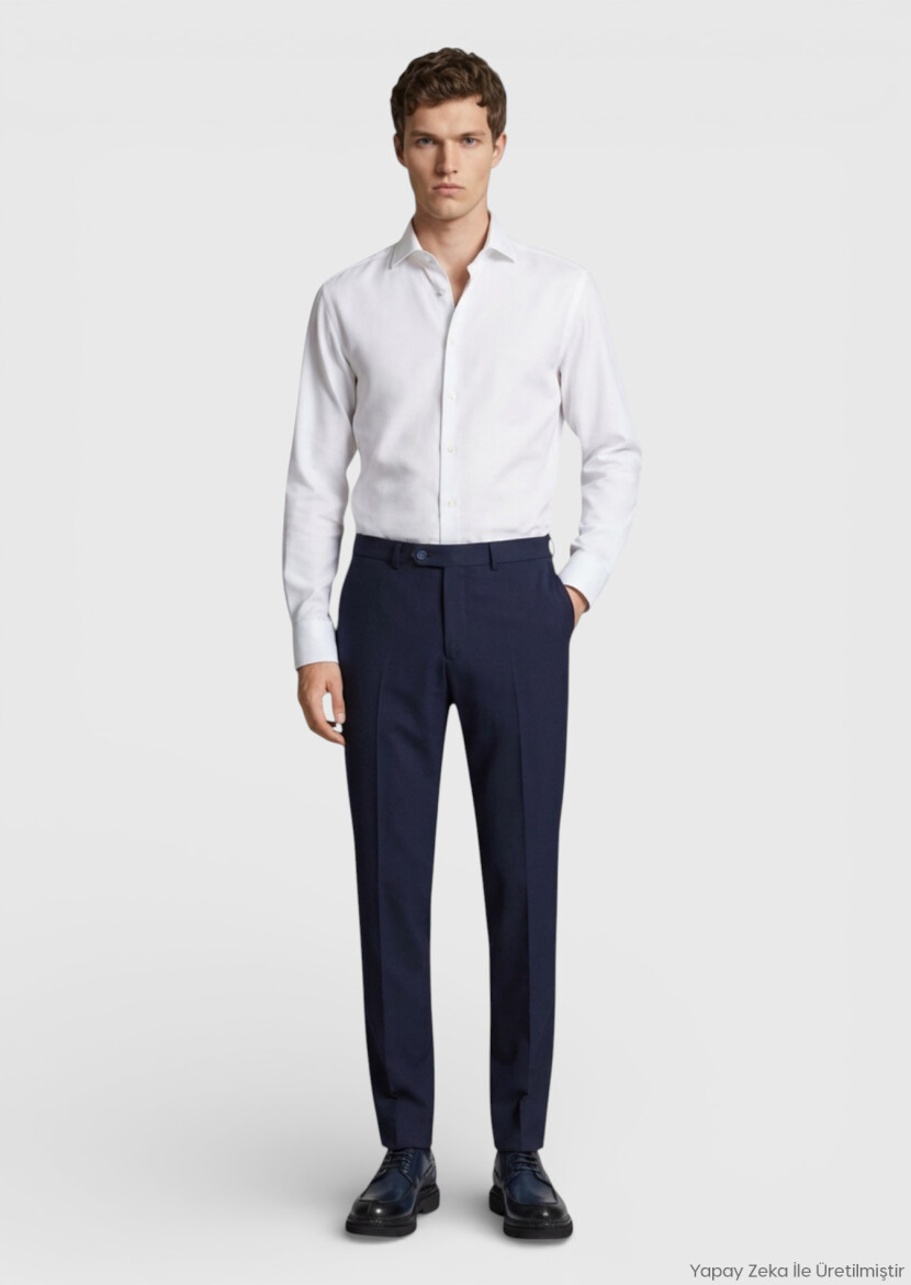 Navy Blue Weaving Modern Fit Classical 100% Wool Trousers - RAMSEY