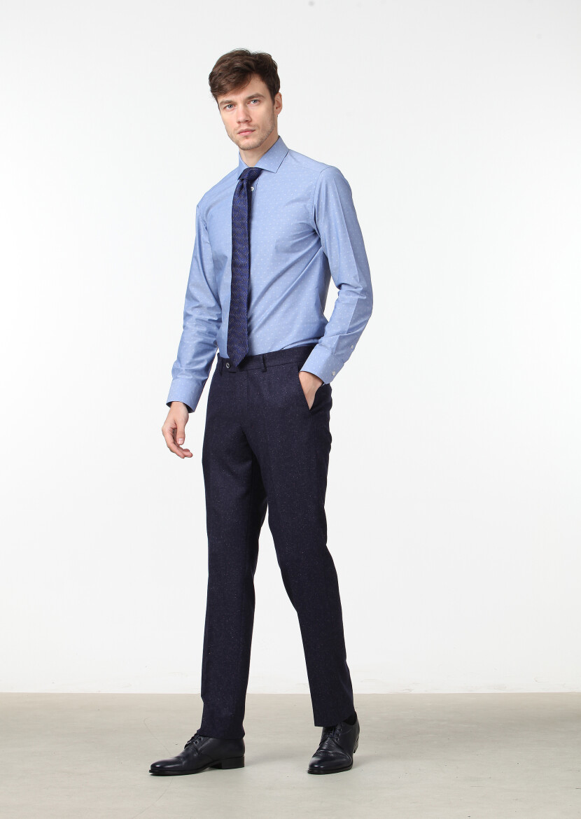 Navy Blue Weaving Modern Fit Classical Silk Blended Trousers 